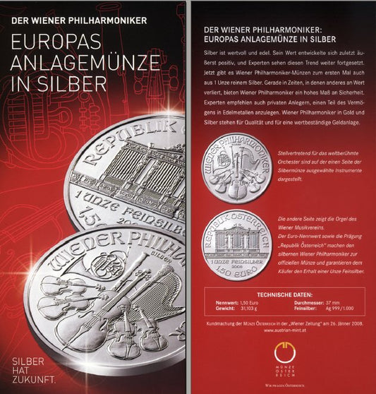 1,5 Euro, Srebrna moneta bulionowa Wiedeńscy Filharmonicy  (Wiener Philharmoniker 1 oz)