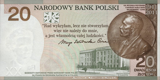 20 zł, Banknot kolekcjonerski -  100. rocznica przyznania Nagrody Nobla Marii Skłodowskiej-Curie, 2011