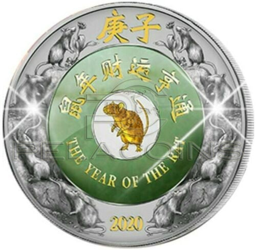 Laos 2020 2000 Kip Lunar Year of the RAT Jade 2oz